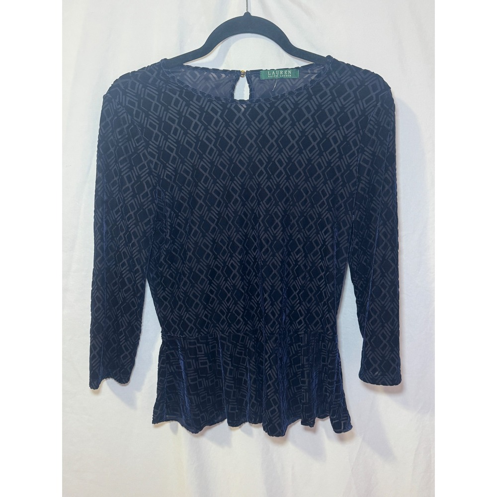 Lauren Ralph Lauren Burnout Velvet Peplum Top Womens M Navy Blue Holiday